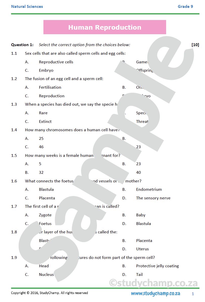 Grade 9 Natural Sciences Test: Human Reproduction