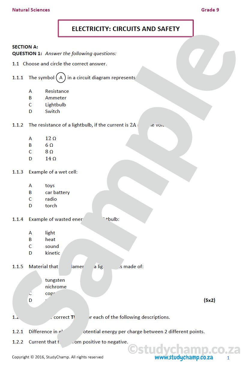 Grade 9 Natural Sciences Test: Electricity, Circuits and Safety