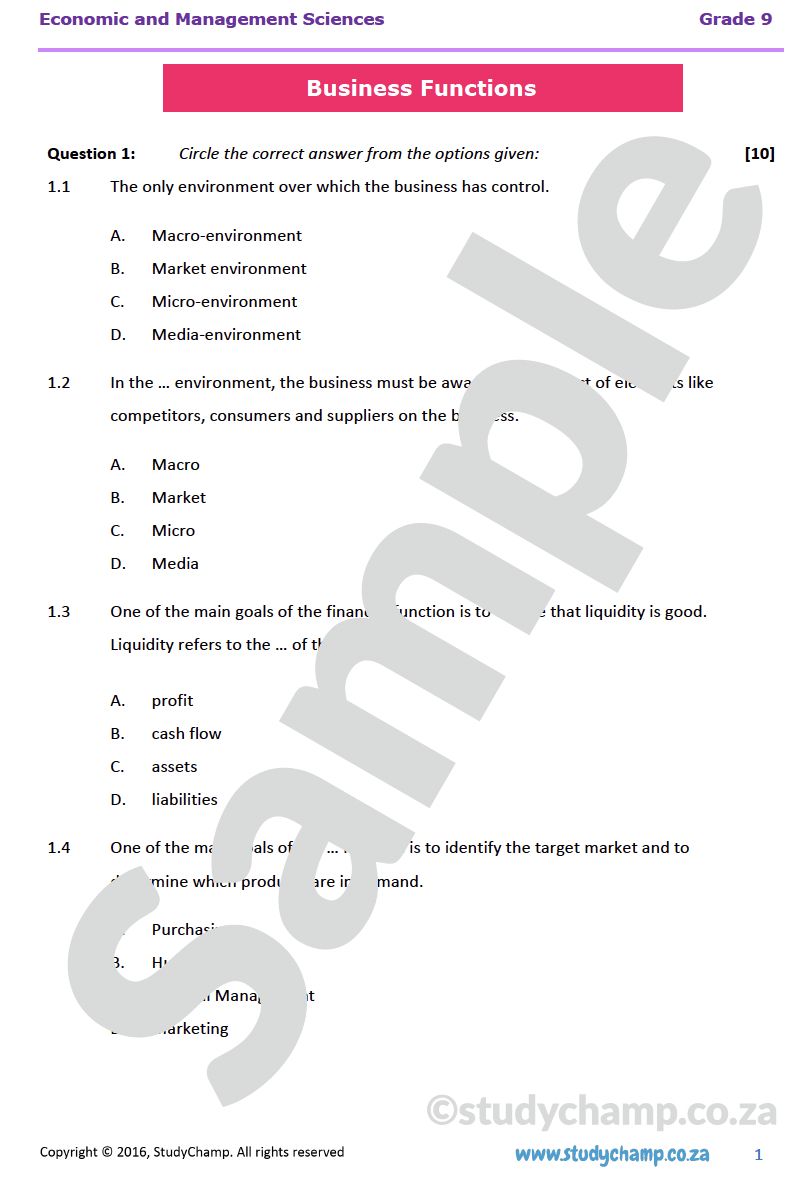 Grade 9 EMS Test: Business Functions