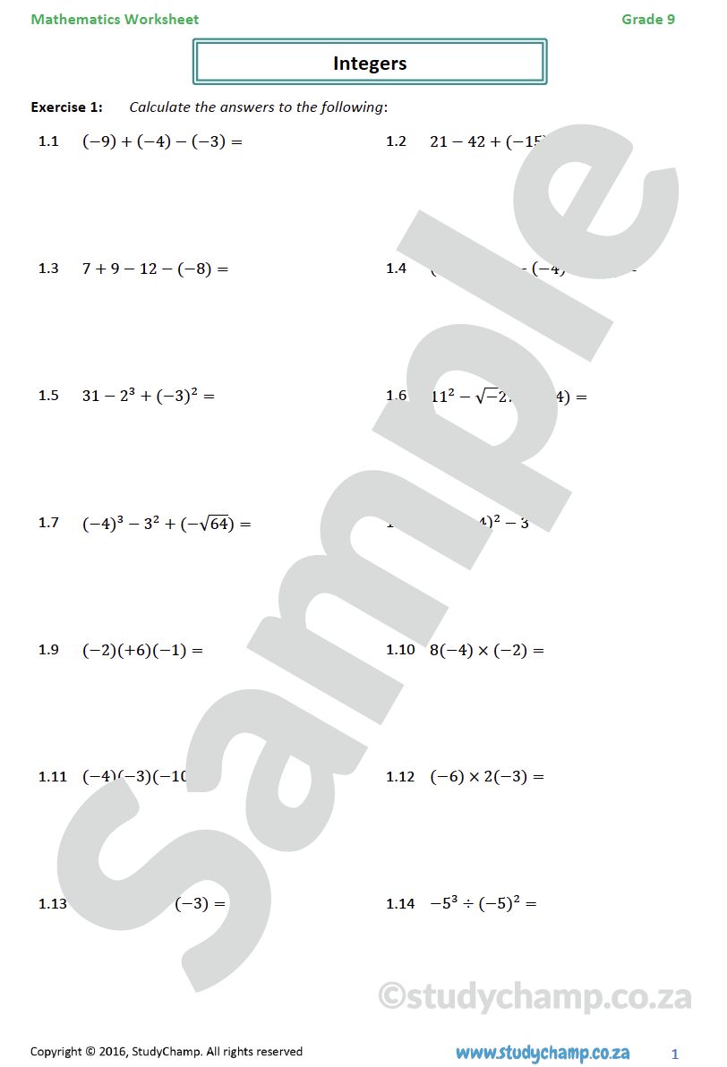 Grade 9 Mathematics Worksheet: Integers
