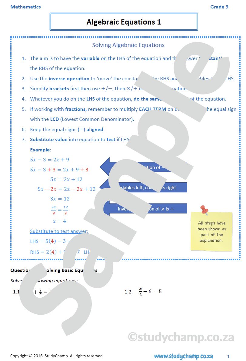 Grade 9 Mathematics Worksheet: Algebraic Equations