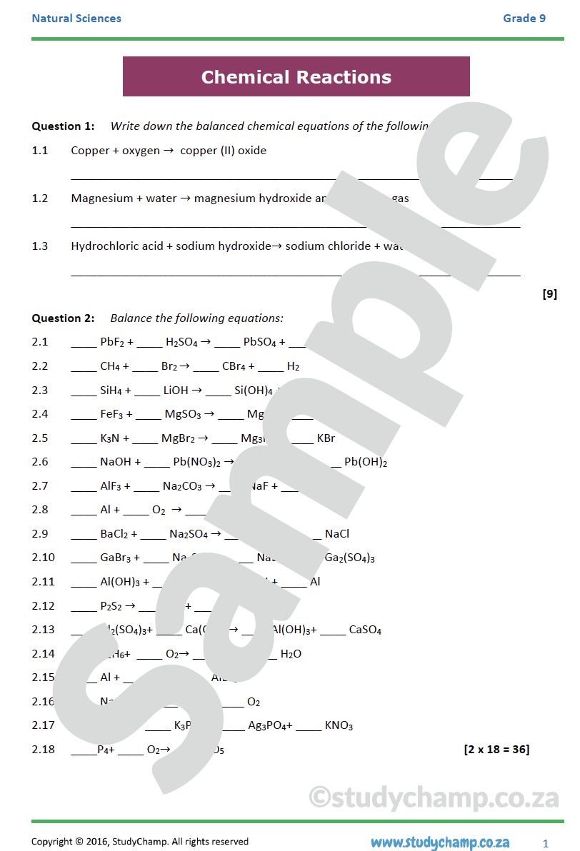 Grade 9 Natural Sciences Test: Chemical Reactions