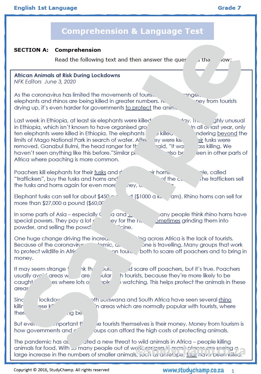 Grade 7 English Test: Animals and COVID-19
