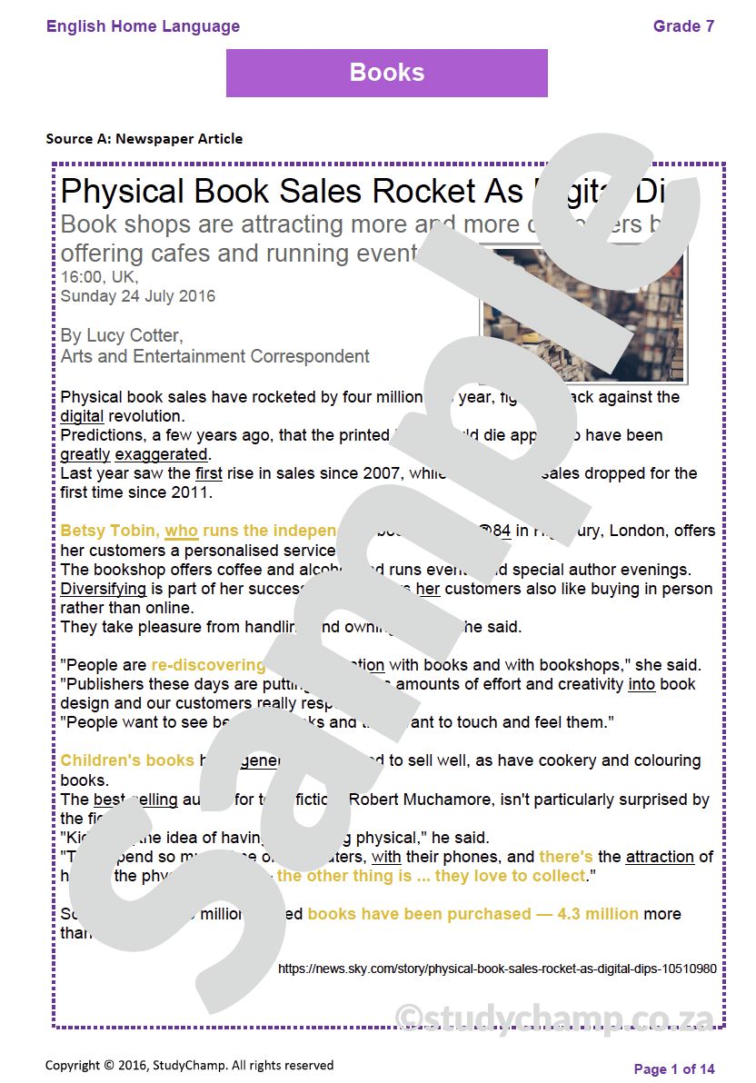 Grade 7 English Test: Books