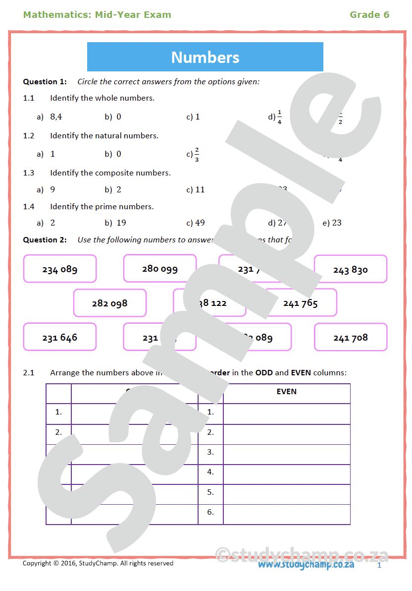 Grade 6 Maths Mid-year Exam Revision: Workbook 1
