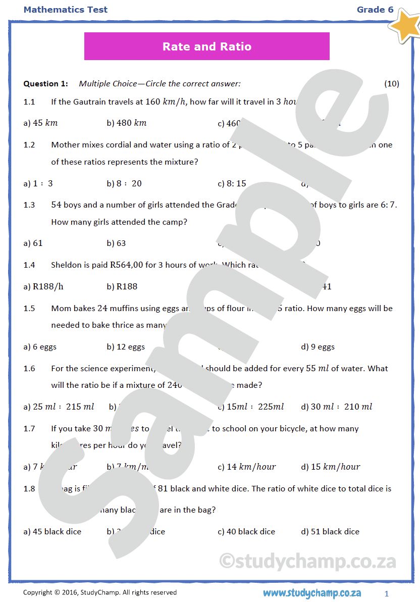Grade 6 Maths Test: Rate and Ratio
