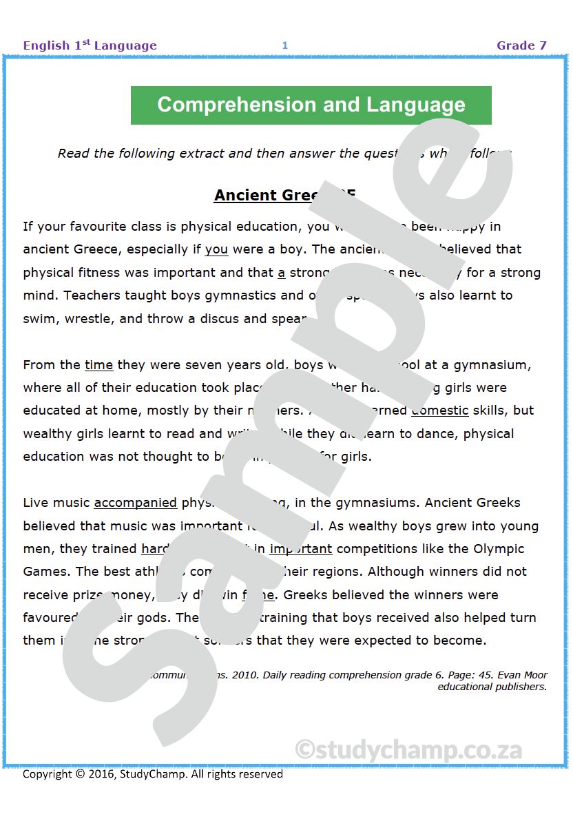 Grade 7 English Test: Ancient Greek PE