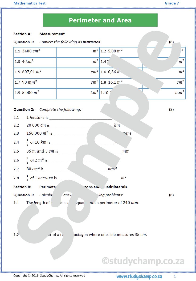 Grade 7 Mathematics Test: Measurement, Perimeter and Area