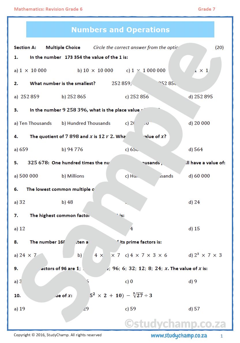 Grade 7 Mathematics Test: Revision Grade 6