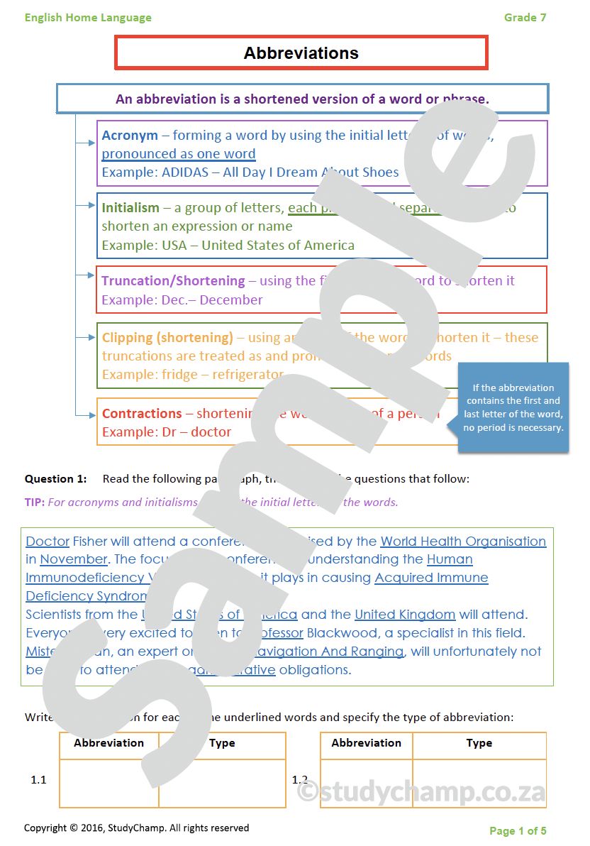 Grade 7 English Worksheet: Abbreviations
