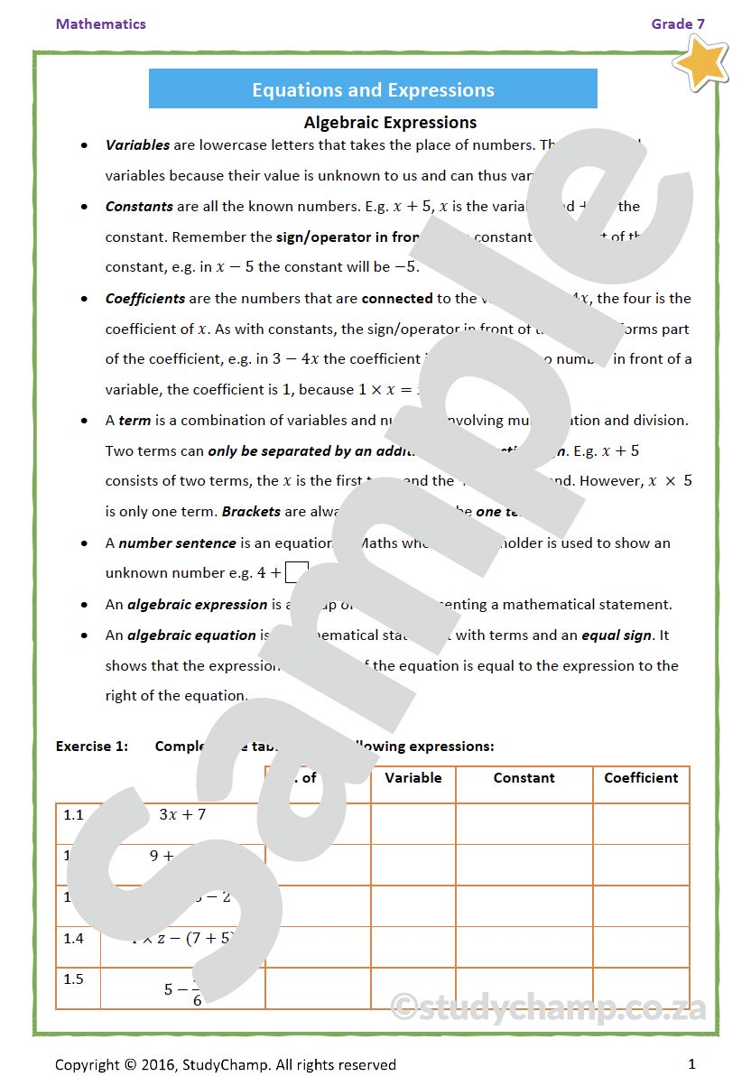 Grade 7 Mathematics Workbook: Introduction to Algebra