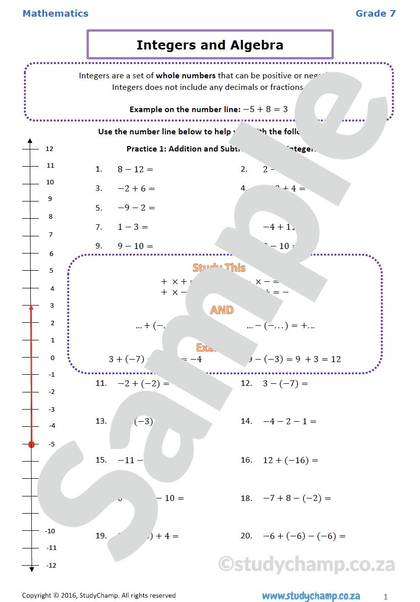 Grade 7 Mathematics Worksheet: Integers and Algebra