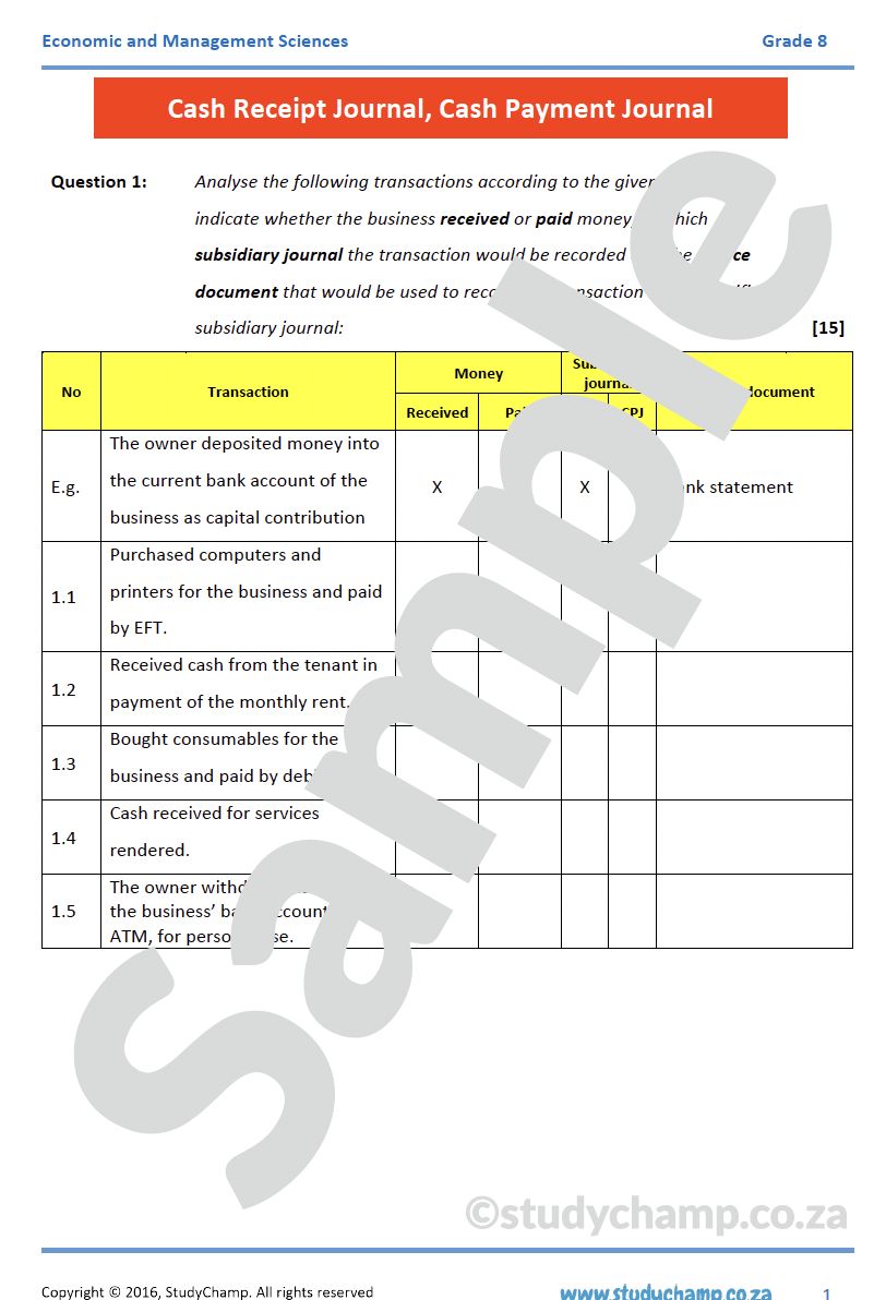 Grade 8 EMS Test: Cash Journals