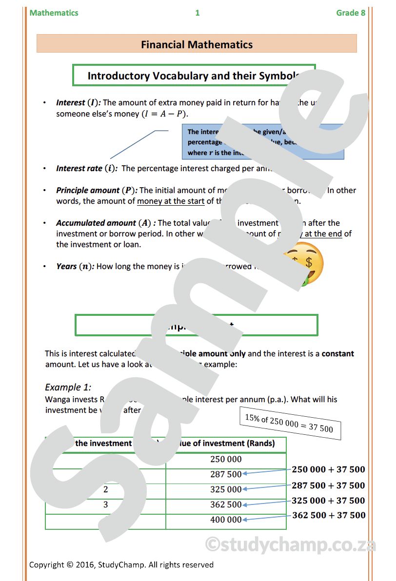 Grade 8 Mathematics Workbook: Finance