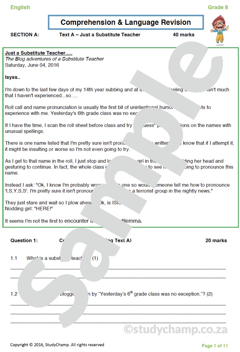 Grade 8 English Workbook: Comprehension and Language 1