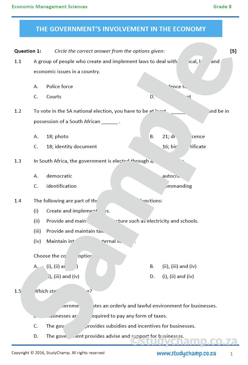 Grade 8 EMS Test: Government and the Economy