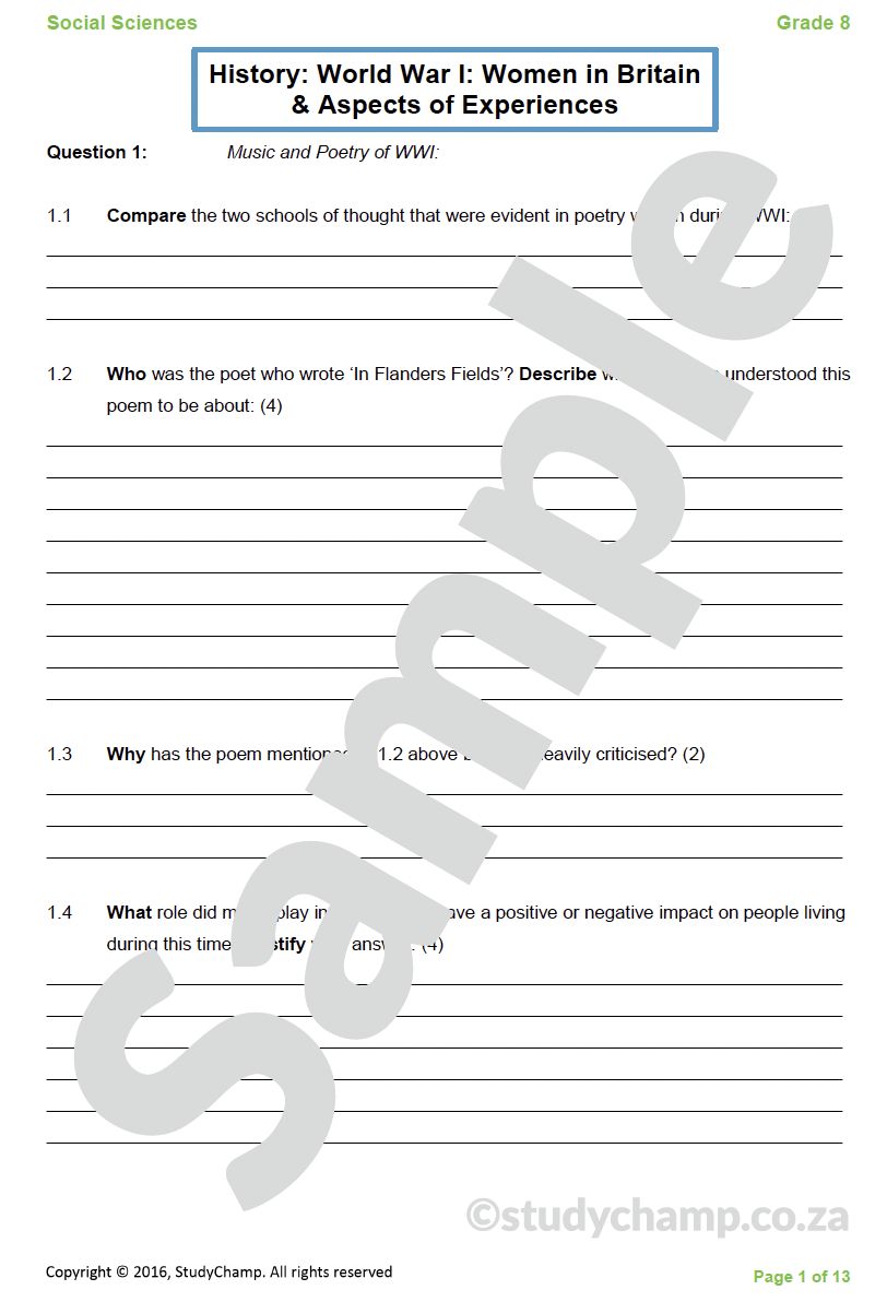Grade 8 History Test: World War I - Women in the War and Versailles