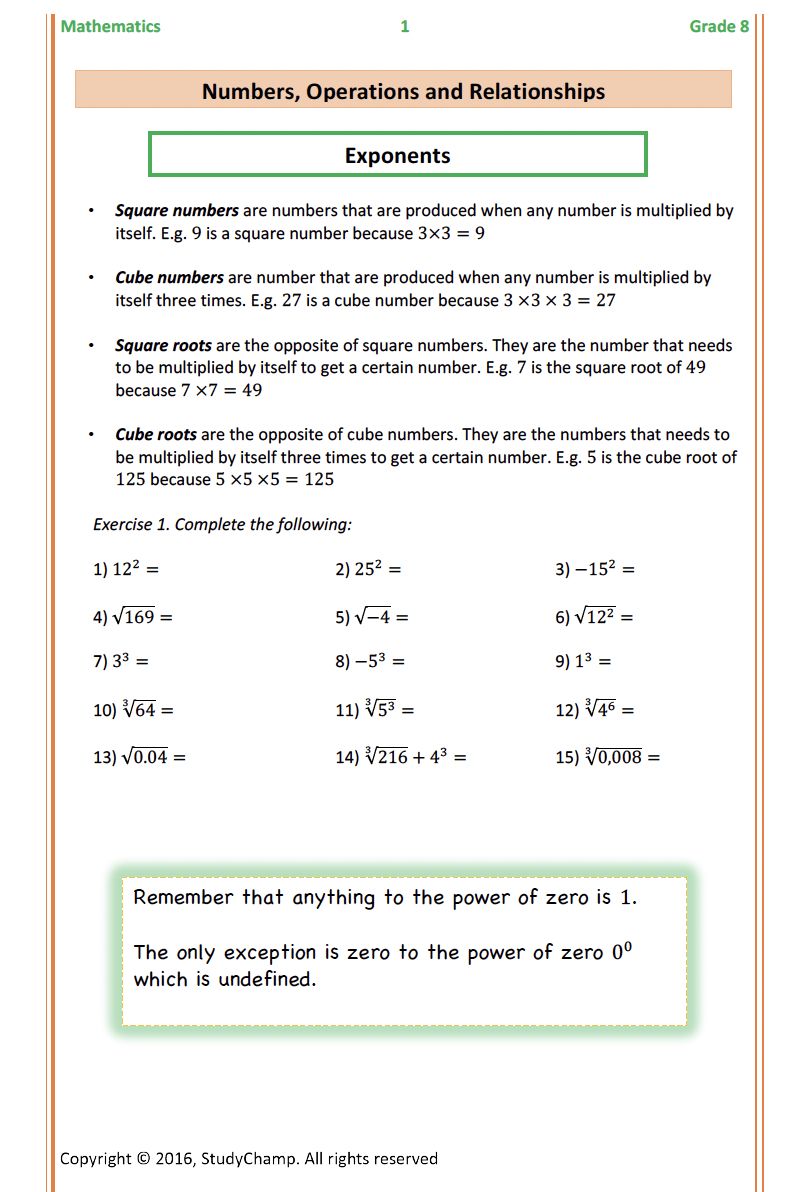 Grade 8 Mathematics Workbook: Exponents and Scientific Notation