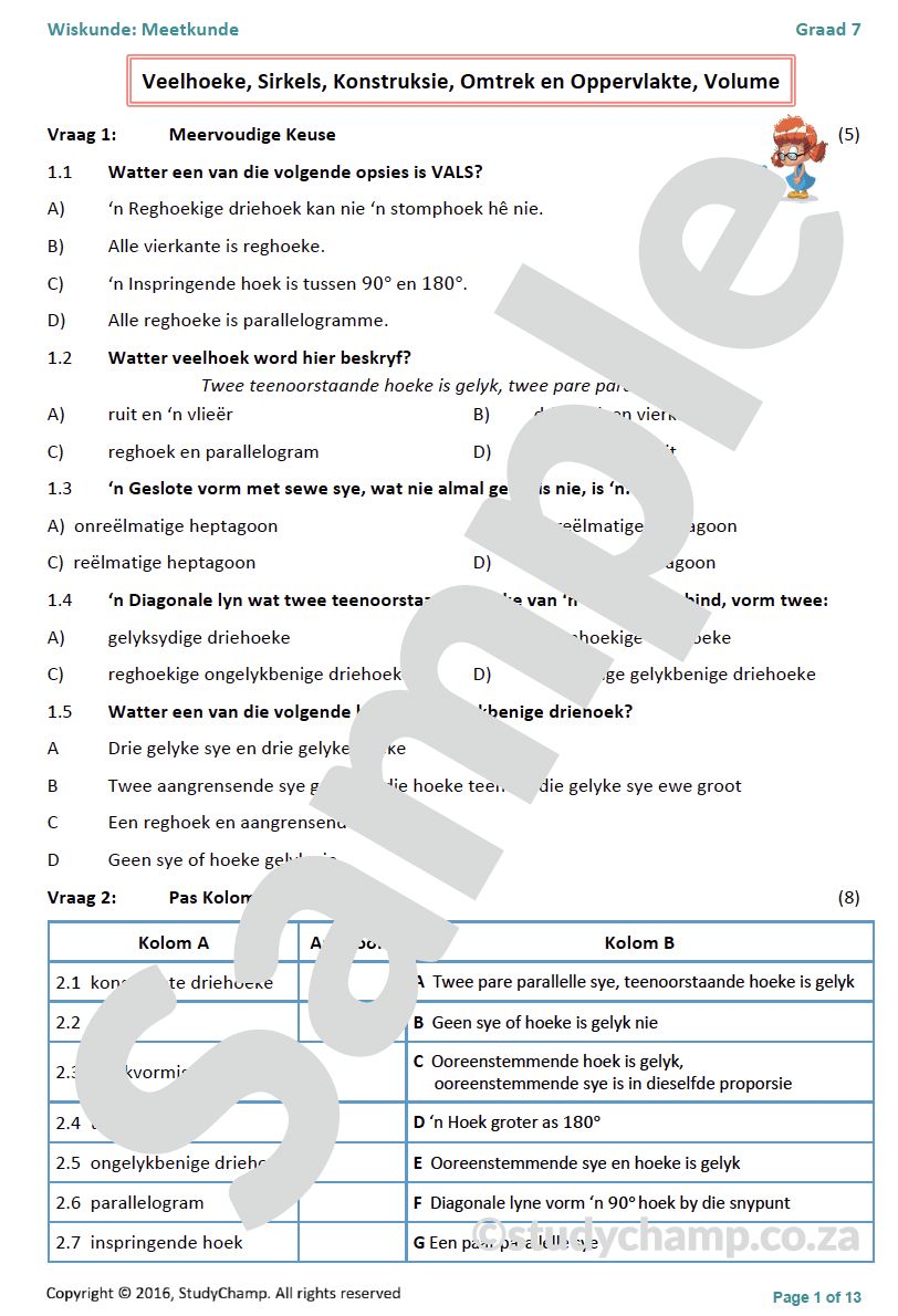 Graad 7 Wiskunde Halfjaar Hersiening: Werkboek 3