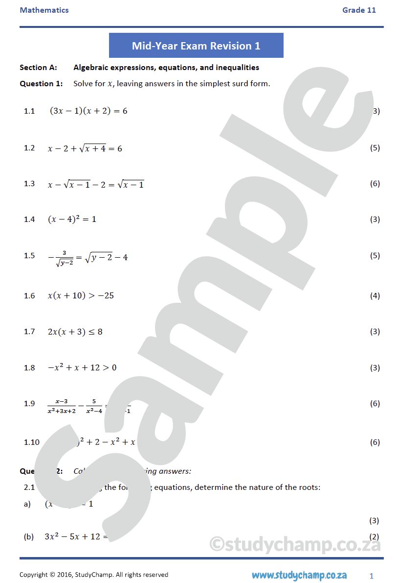 Grade 11 Mathematics Mid-Year Exam Revision: Workbook 1