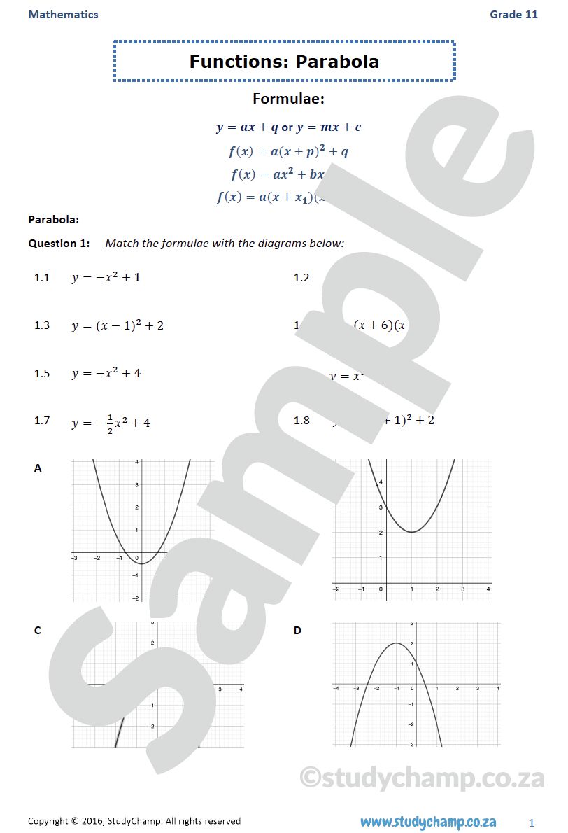 Grade 11 Mathematics Worksheet: Functions - Parabola