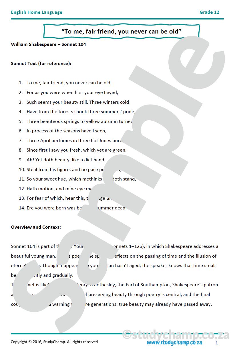 Grade 12 IEB English Poetry: Sonnet 104