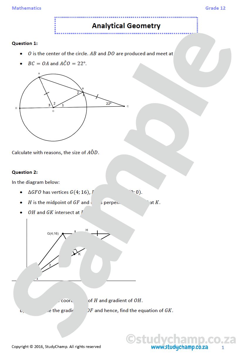 Grade 12 Mathematics worksheet: Analytical Geometry