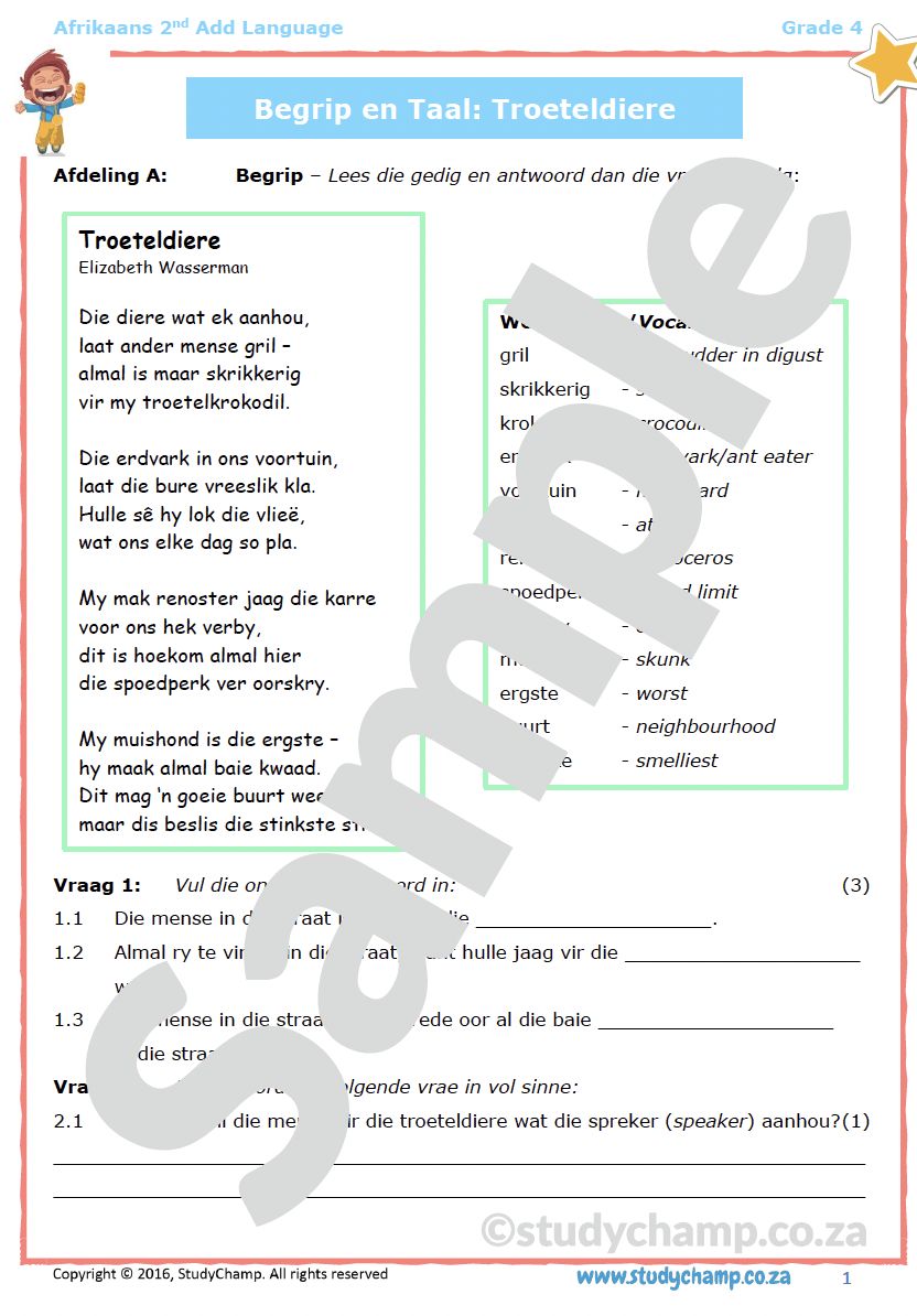 Grade 4 Afrikaans Begrip en Taalwerkboek: Troeteldiere
