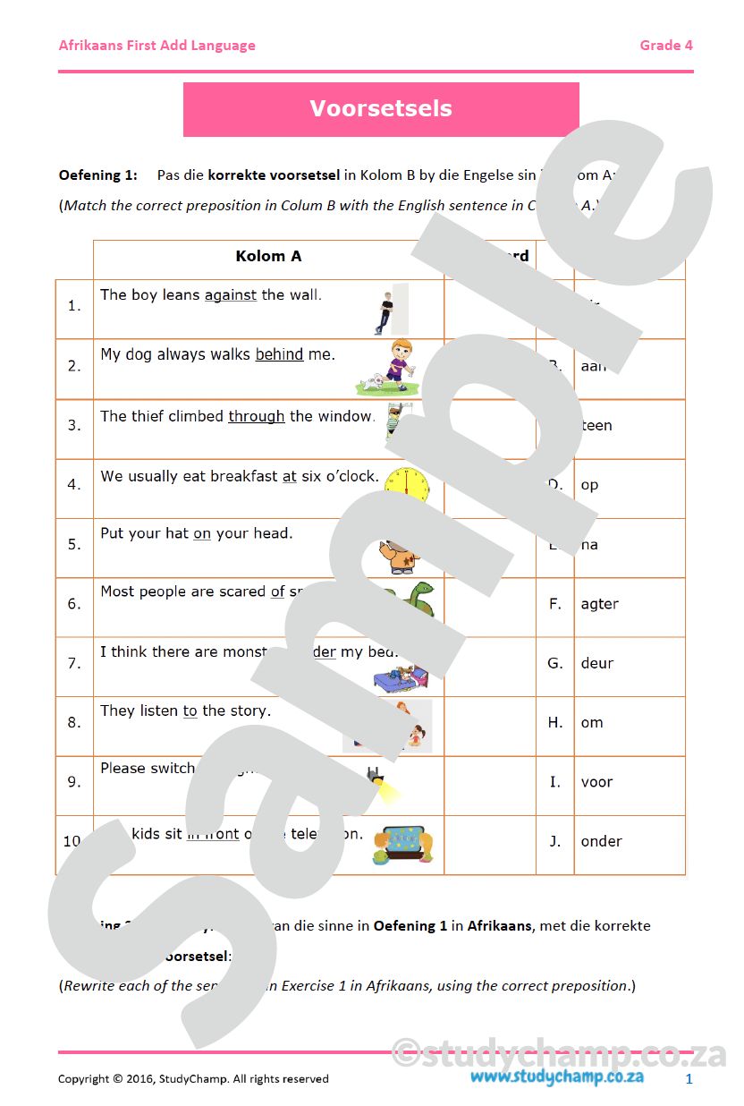 Grade 4 Afrikaans: Voorsetsels