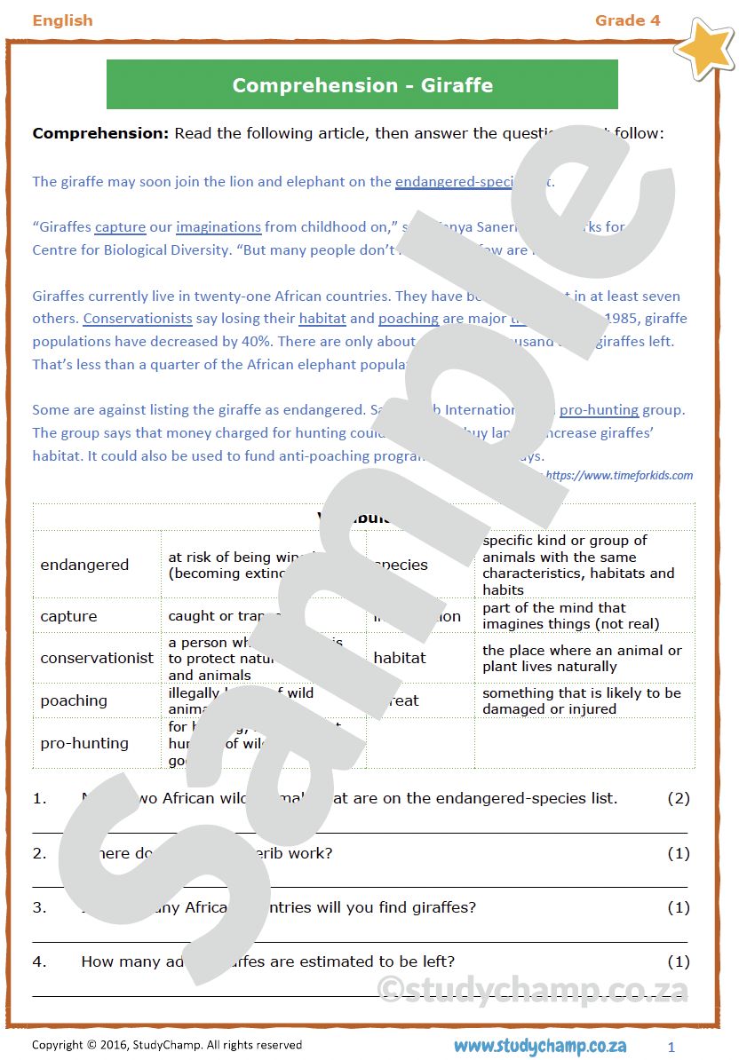 Grade 4 English Comprehension: Giraffes
