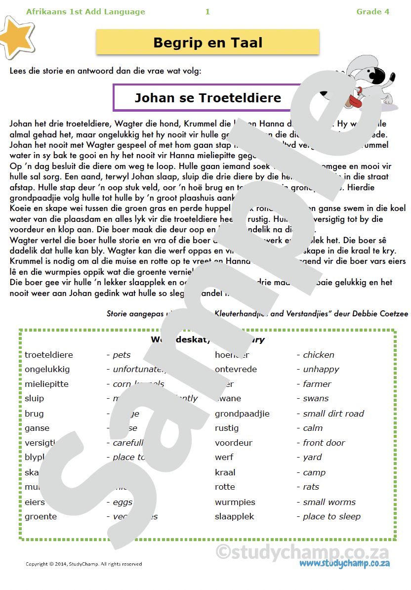Grade 4 Afrikaans Begrip en Taalwerkboek: Diere