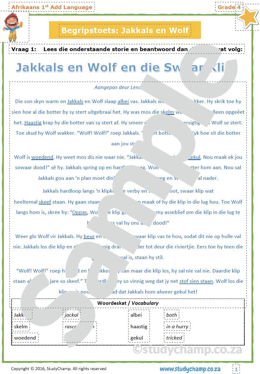Grade 4 Afrikaans Begrip: Jakkals en Wolf en die Swaar Klip