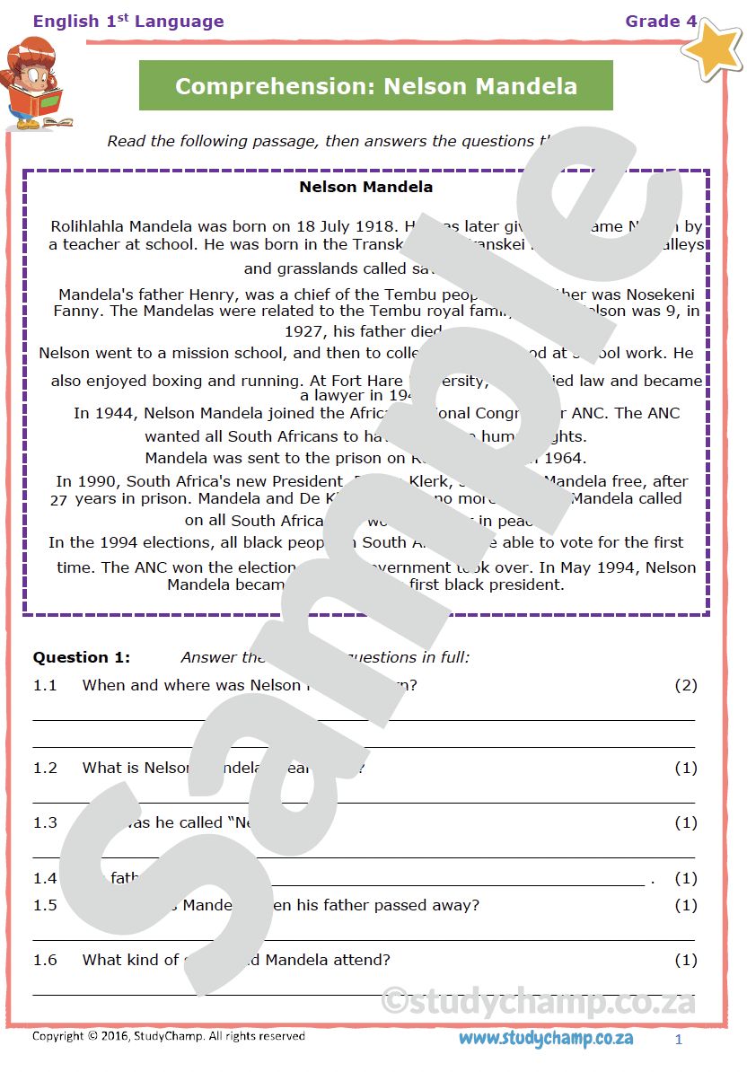 Grade 4 English Comprehension: Nelson Mandela
