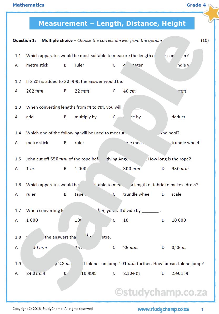 Grade 4 Mathematics Test: Measurement - Length