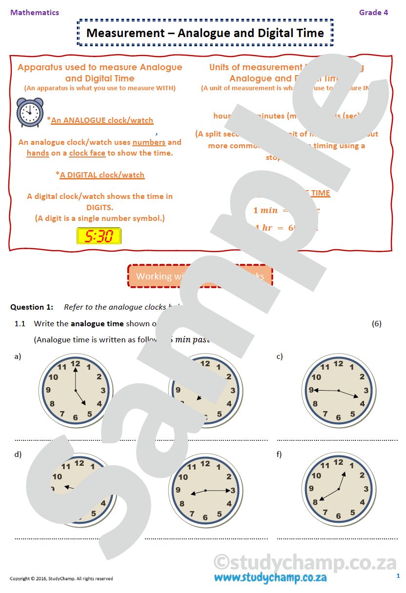 Grade 4 Mathematics worksheet: Time - digital and analogue