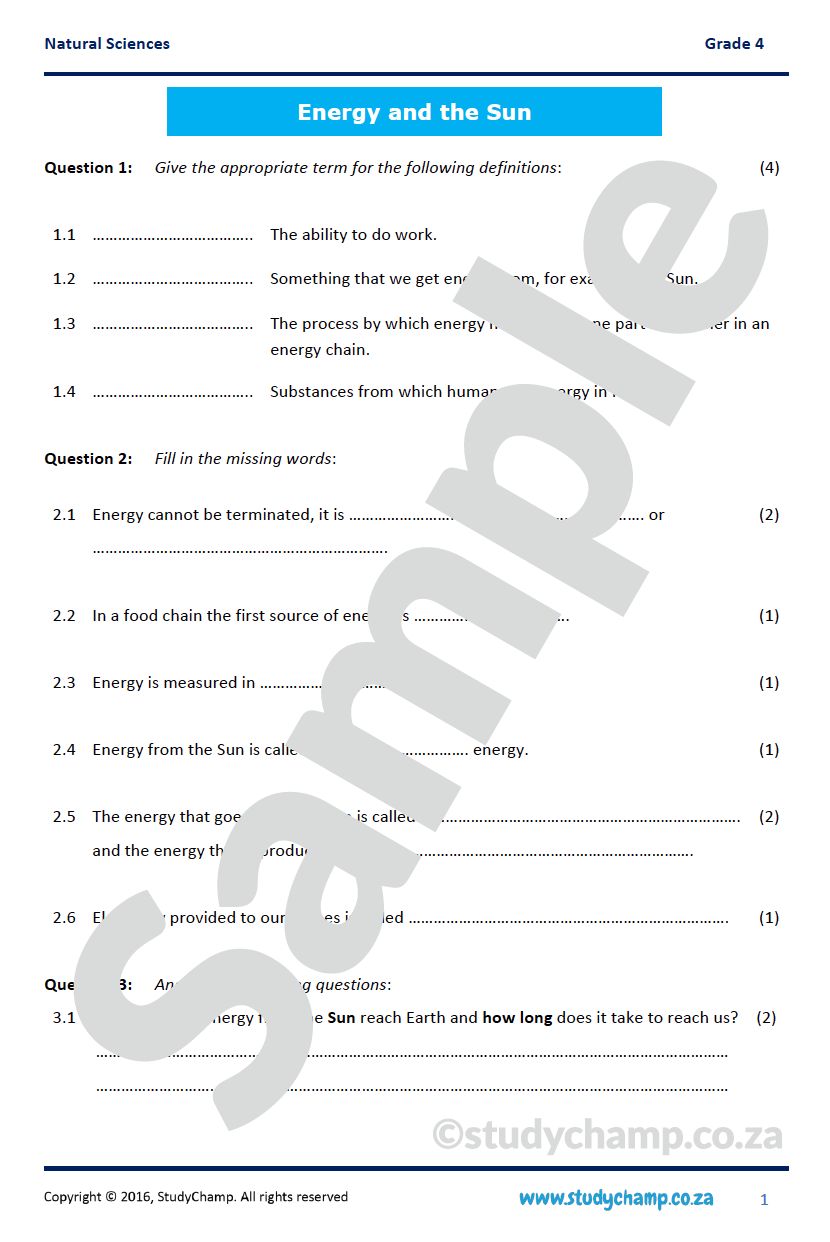 Grade 4 Natural Sciences Test: Energy and the Sun