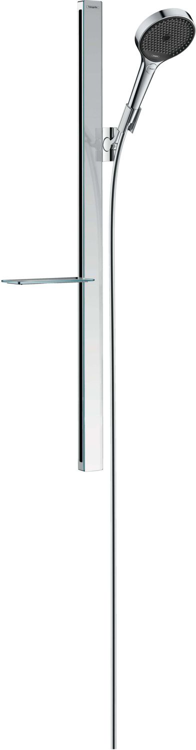 Barre de douche Hansgrohe avec douchette à main Rainfinity 130 3 jets , flexible Isiflex et porte savon étagère Casetta E
