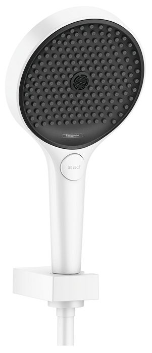 Support mural Hansgrohe avec douchette à main Rainfinity 130 3 jets PowderRain et flexible 160 cm en blanc mat