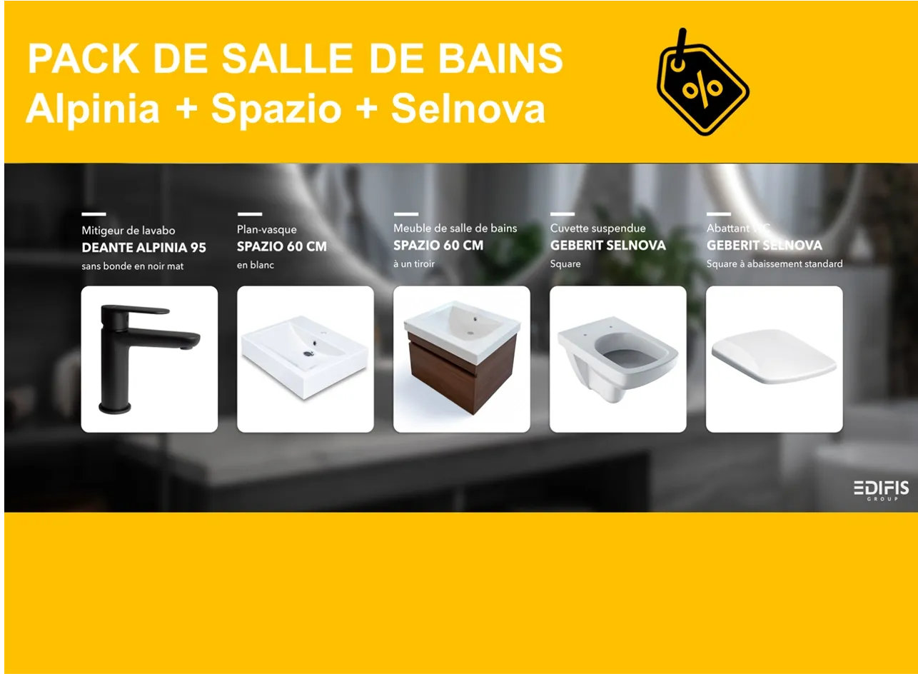 PACK: Alpini 95 matte black basin mixer, Spazio 60 bathroom furniture pack, and Selnova wall-hung toilet with standard seat