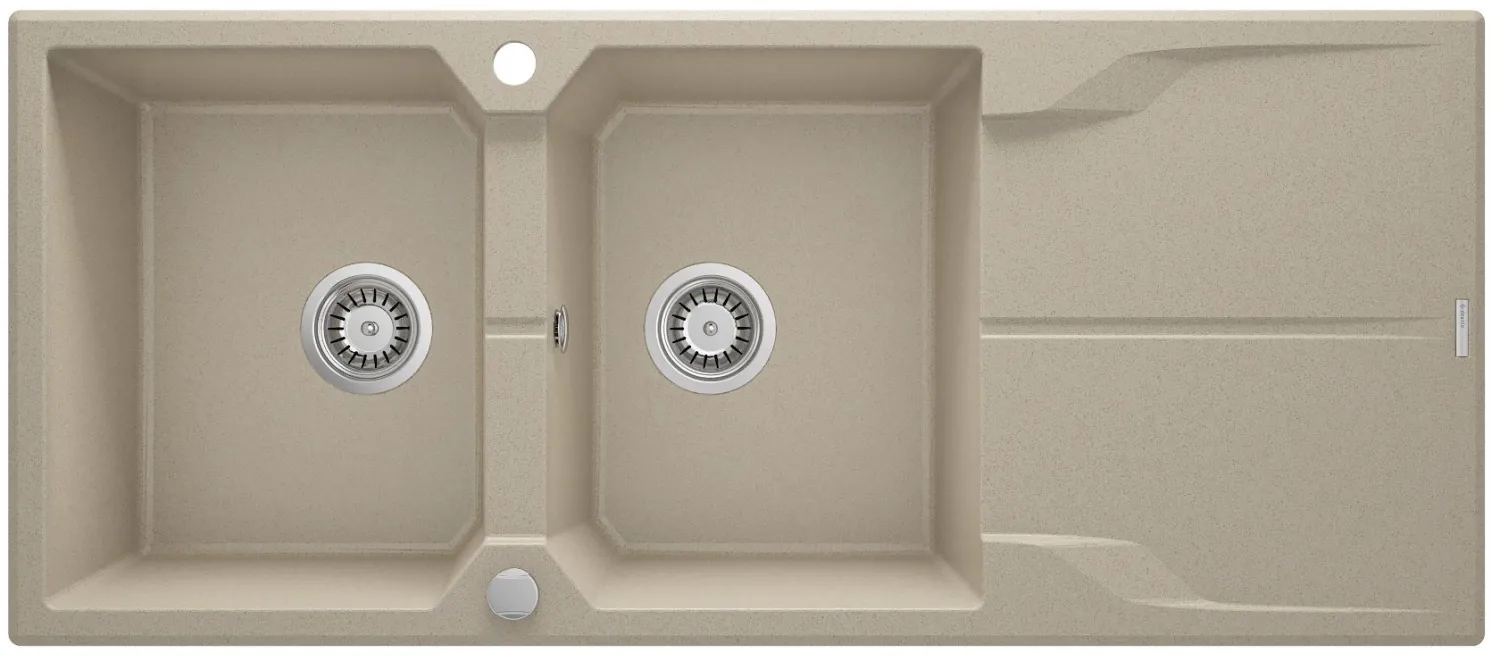 Deante Andante Granite Double Bowl Built-in Kitchen Sink 116 x 50 cm, Sand Finish with Space-Saving Telescopic Drainage