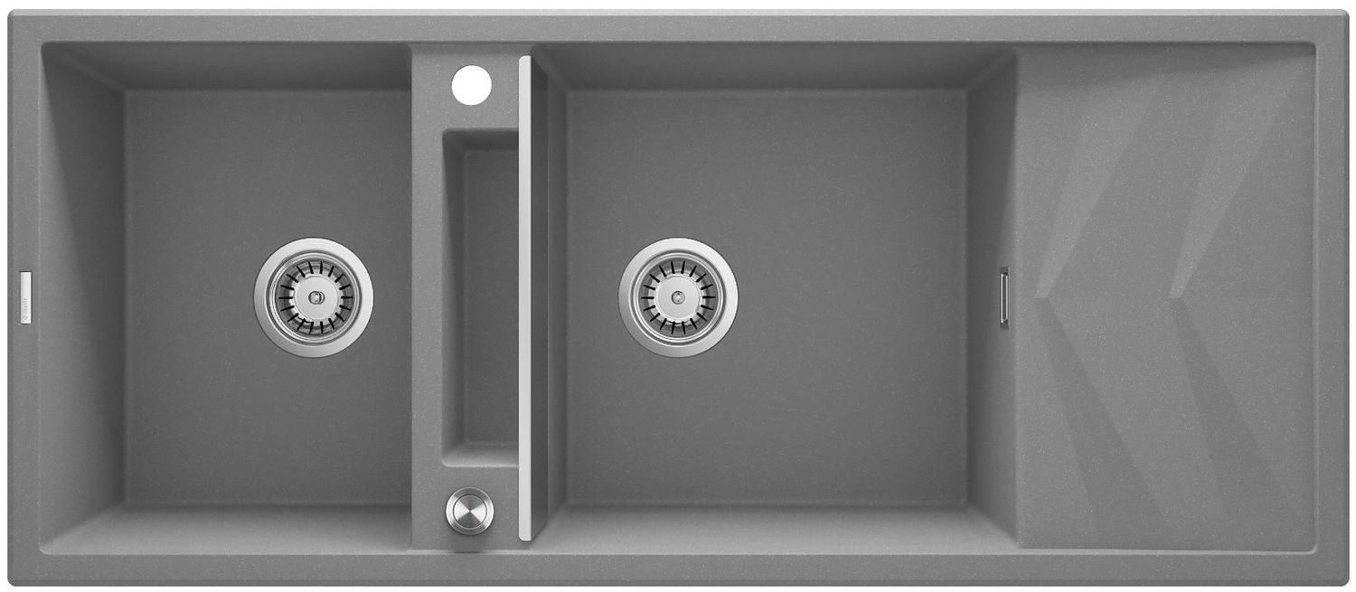 Deante Magnetic Granite Double Bowl Kitchen Sink 116 x 50 cm in Metallic Gray with Space-Saving Telescopic Drain