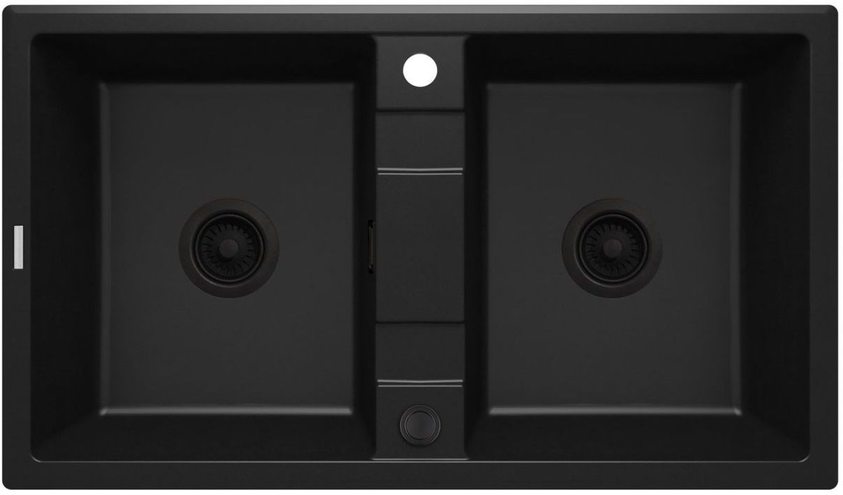 Deante Eridan 86 x 50 cm Matte Black Double Bowl Granite Undermount Kitchen Sink with Space-Saving Telescopic Drain