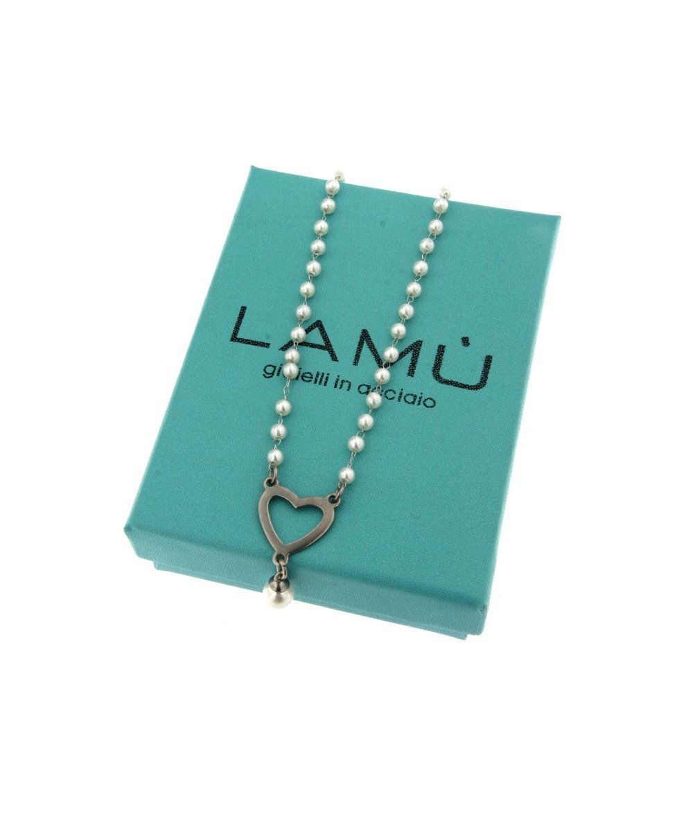 Collana catena c/piccole perline e pend.cuore in acciaio inox