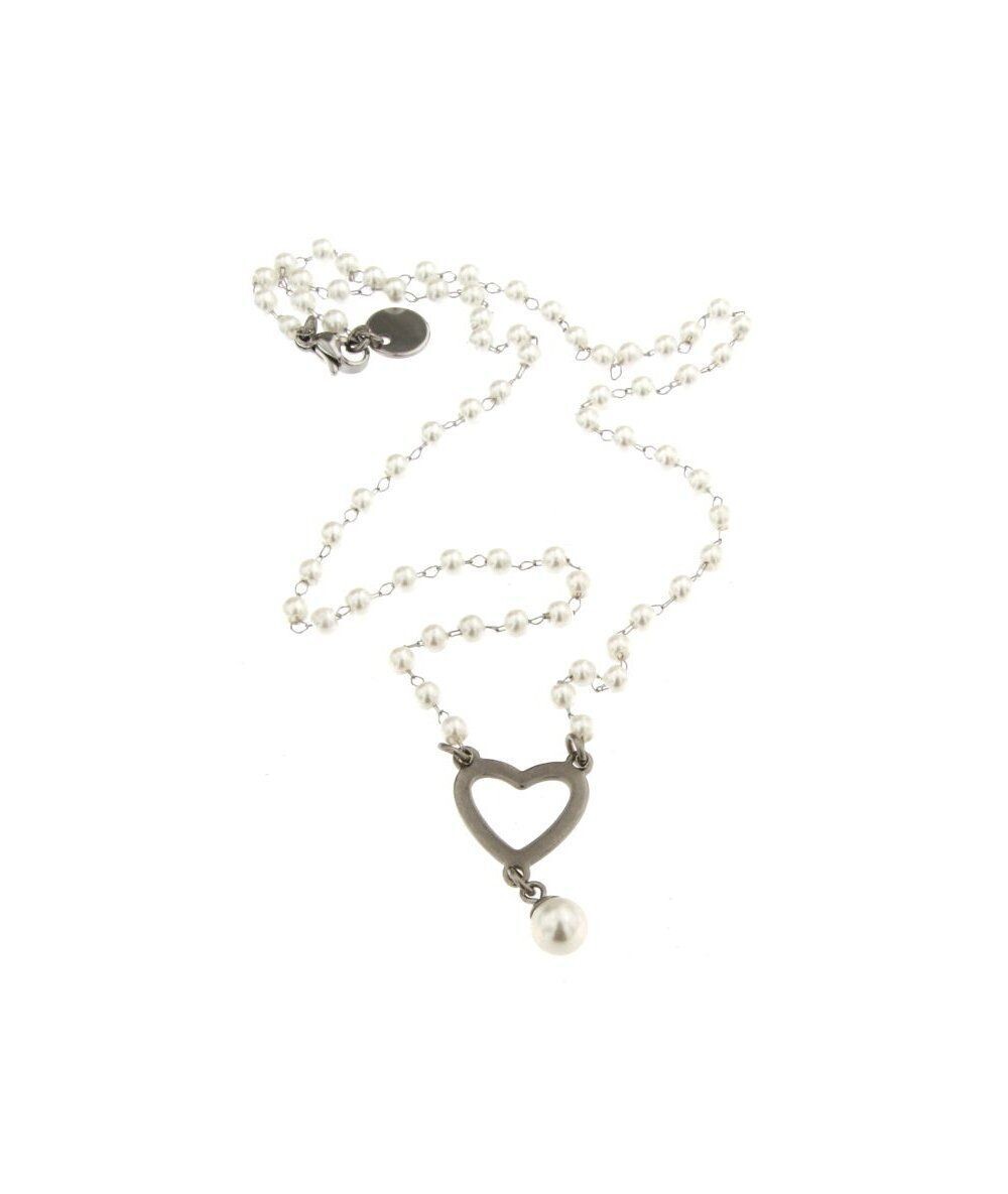 Collana catena c/piccole perline e pend.cuore in acciaio inox