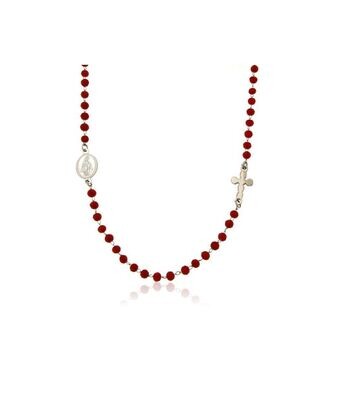 Collana rosario catena in acciaio inoc con sfere in vetro rosso