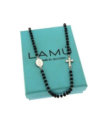 Collana rosario catena in acciaio inox con sfere in vetro colore nero