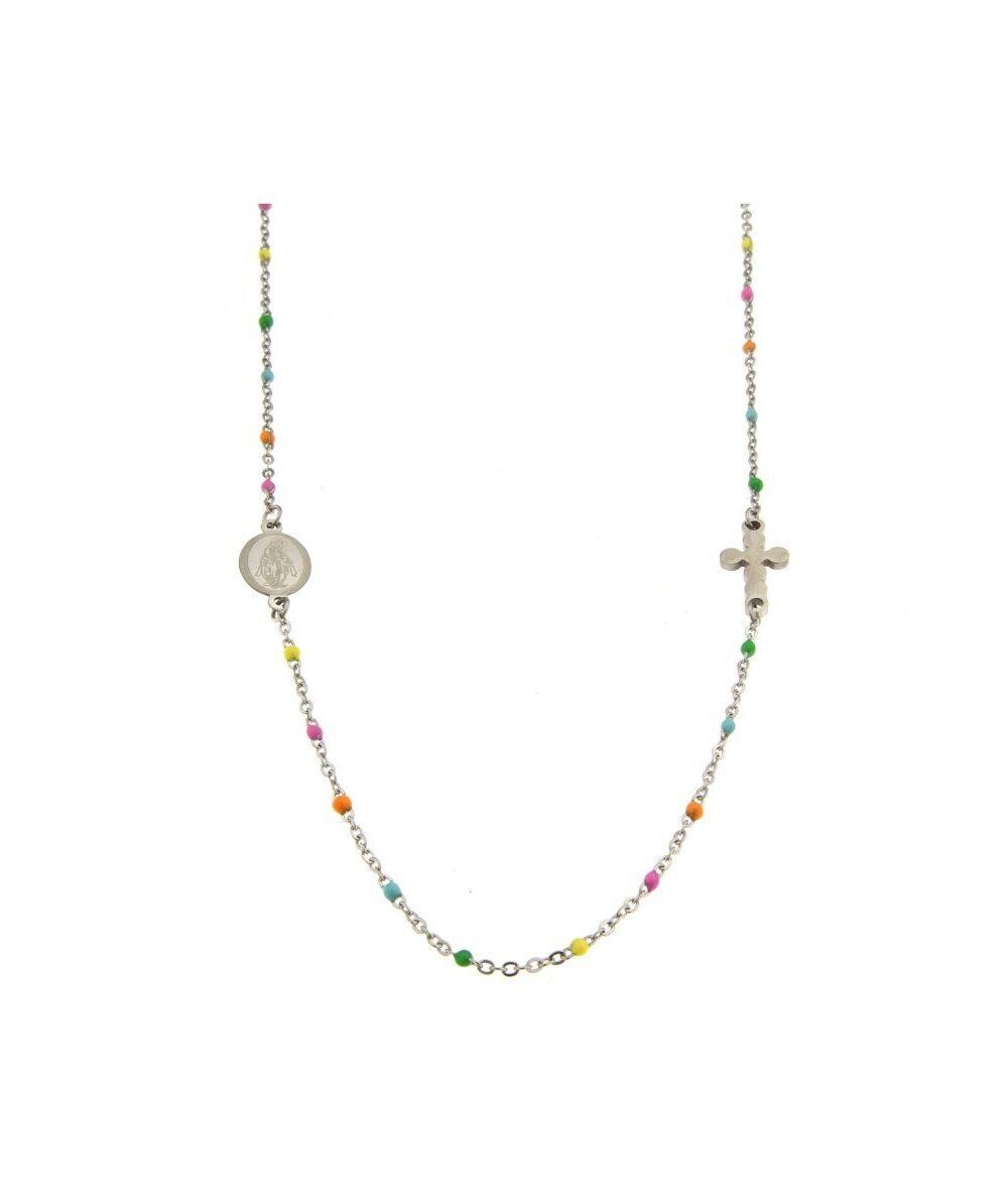 Collana rosario girocollo con catena smaltata multicolore in acciaio inox