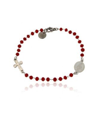 Bracciale rosario catena in acciaio inox con sfere in vetro colore rosso
