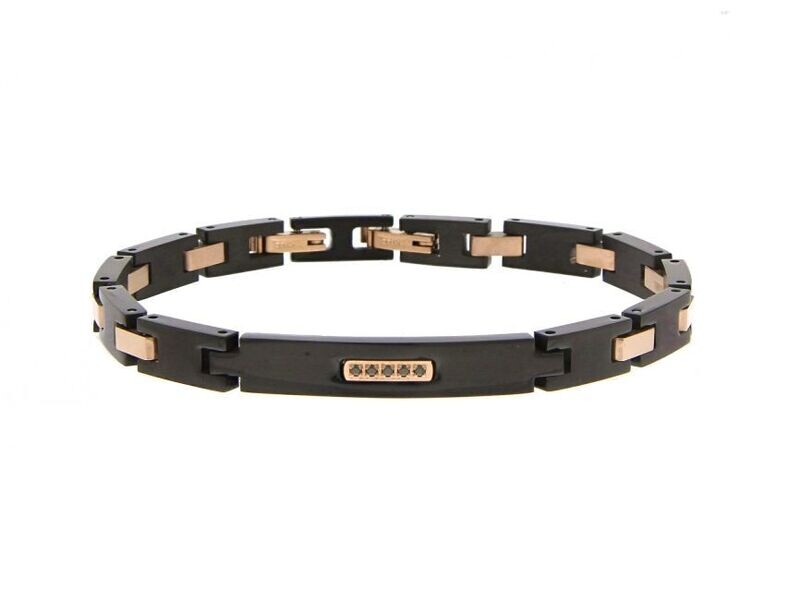 Bracciale in acciaio 316 L bicolore rose'/nero con zirconi neri
