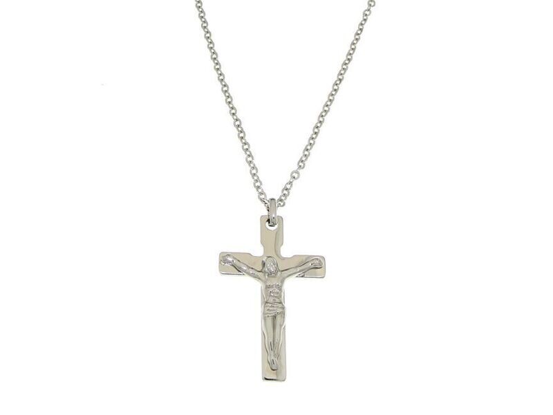 Girocollo in acciaio 316L catena forzatina croce c/Cristo lucido cm 50